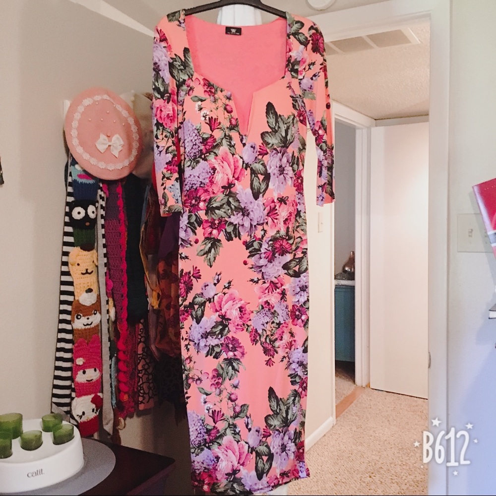 Floral Deep V Bodycon Midi Dress - Pink & Purple